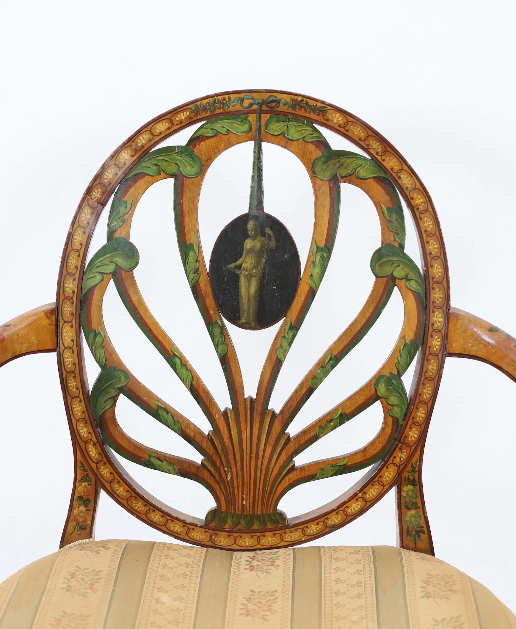 A late Victorian Sheraton revival painted satinwood elbow chair, W.62cm D.54cm H.88cm